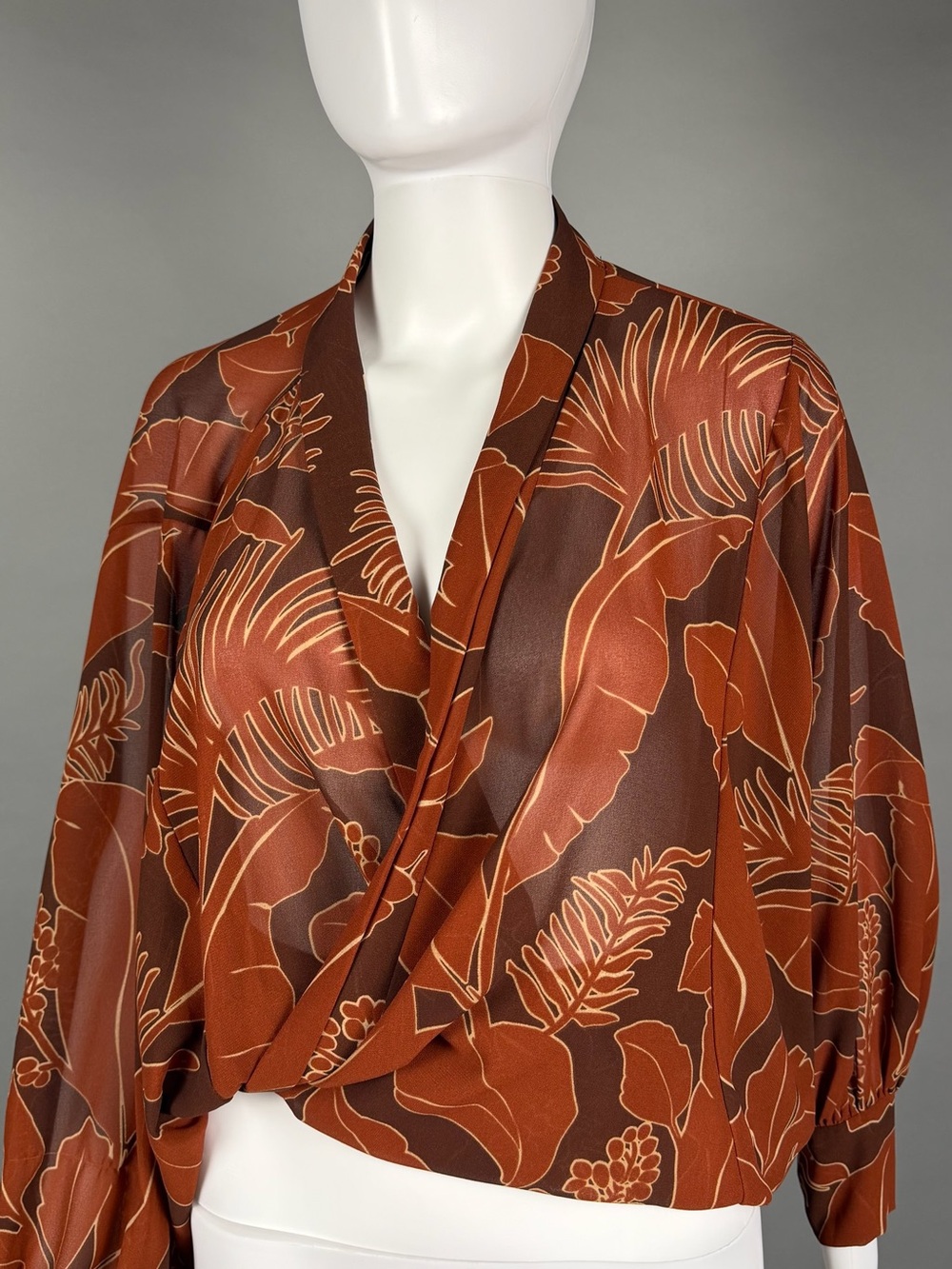Womens Rust Botanical Wrap Satin Robe Top - Shawl Collar
